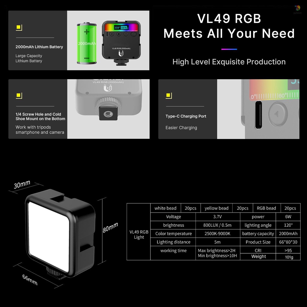 Đèn LED RGB 2500K-9000K CRI95 + Có Thể Điều Chỉnh Độ Sáng Kèm Pin Tích Hợp Giá Đỡ Chuyên Dụng Hỗ Trợ Quay Video / Phỏng Vấn Cho Đám Cưới