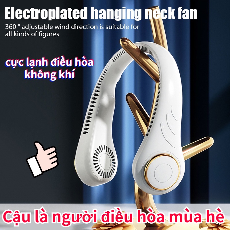 Quạt mini đeo cổ không cánh làm mát thông minh 360 độ, quạt treo cổ tích điện 3 chế độ pin 2400mAh sạc USB - QC2