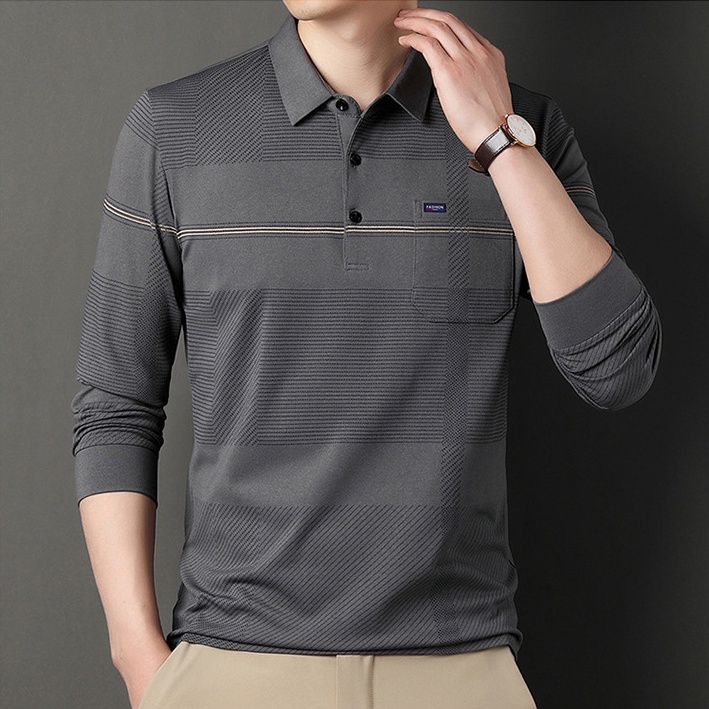 ☞Áo Thun polo Tay Dài Dáng Ôm In Họa Tiết Kẻ Sọc Ngang Có Túi Thời Trang Cho Nam
