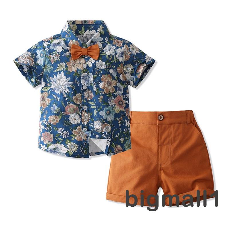 Set Áo Sơ Mi Ngắn Tay Cổ Bẻ + Quần Short Họa Tiết Hoa / Lá Cho Bé Trai 6 Tháng - 5 Tuổi