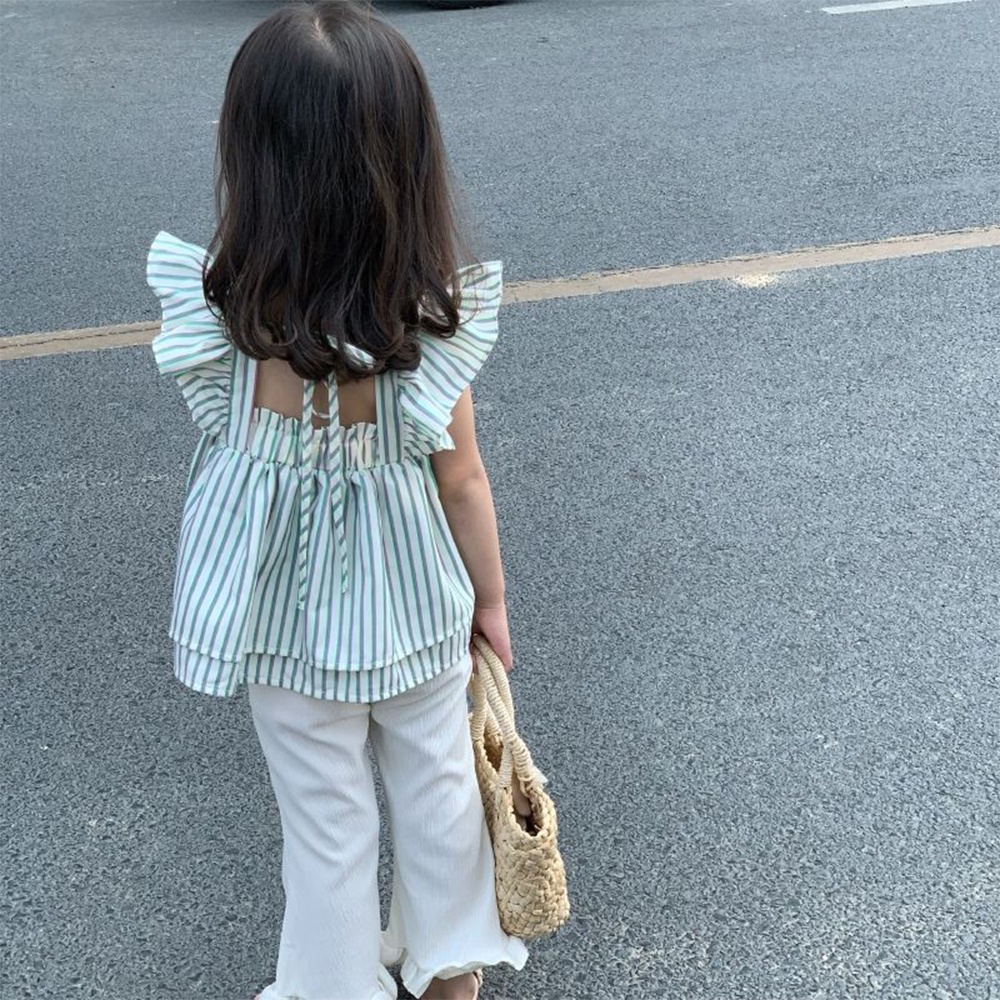 BEAR LEADER Set Áo Sơ Mi Kẻ Sọc Xanh Lá + Quần Dài Ống Loe Thời Trang Hàn Quốc Mới 2023 Cho Bé Gái