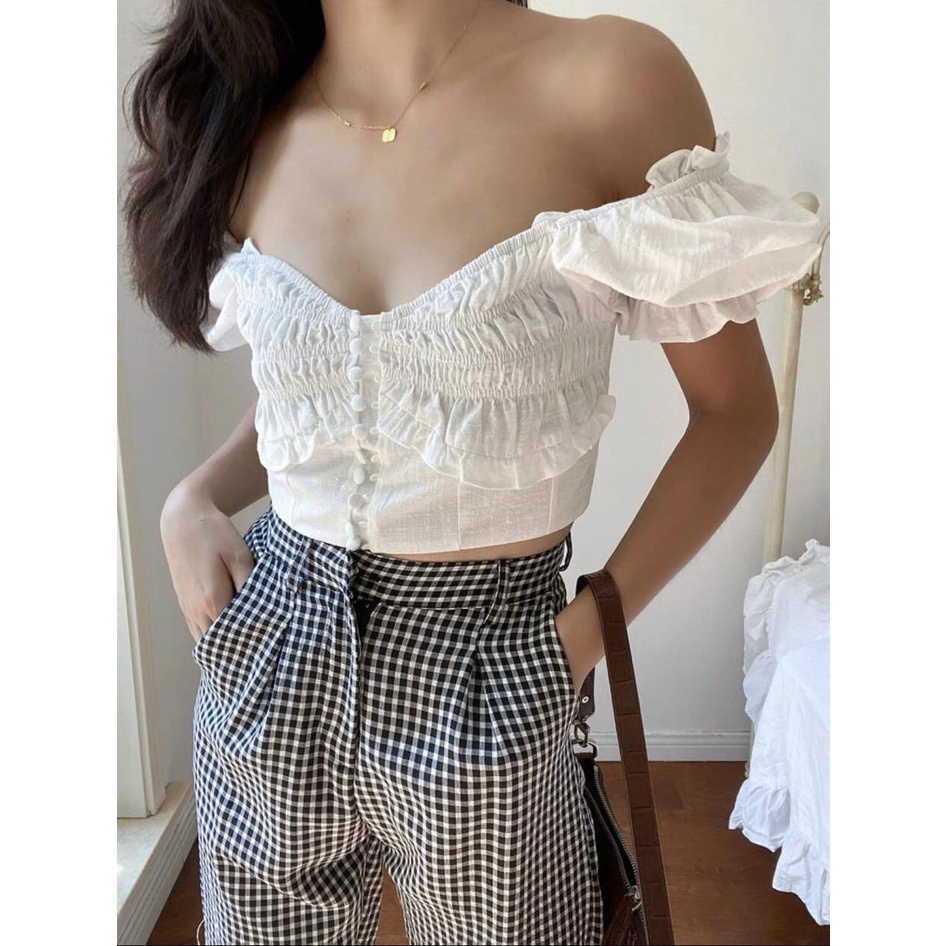 Áo crop cổ V nút bọc nhún bèo tay bo phồng