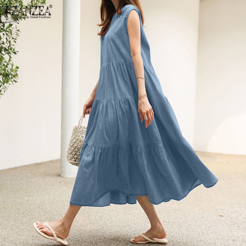 Đầm denim ZANZEA không tay cổ tròn xếp ly cài nút sau lưng thời trang cho nữ