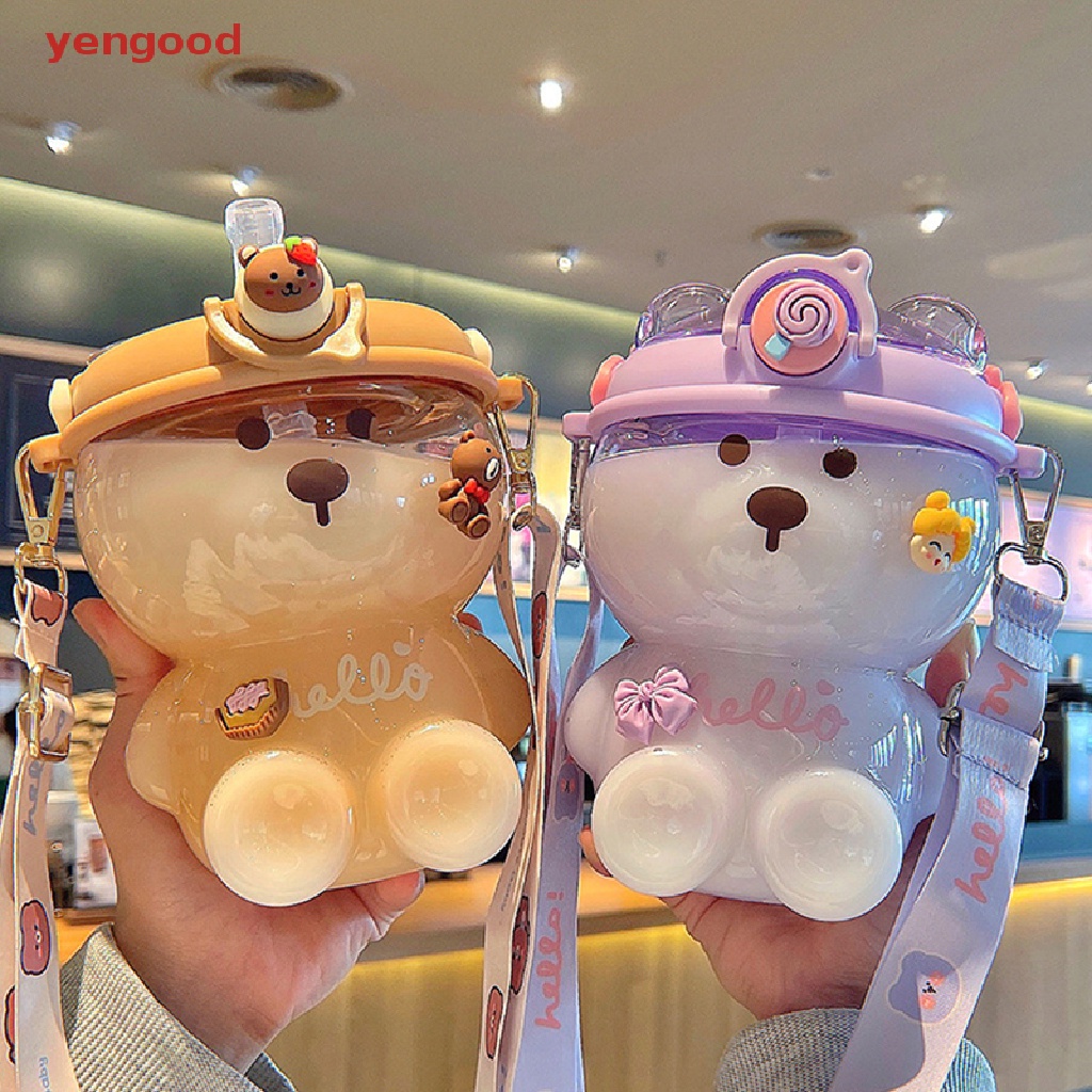 Bình Nước Cỡ Lớn Có Ống Hút Và Dây Đeo Hình Gấu Dễ Thương Cho Bé Gái