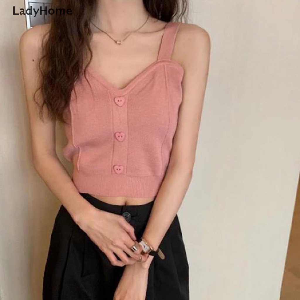 Áo Croptop Dệt Kim Hai Dây Cổ Chữ V Cài Nút Thời Trang Mùa Hè Ngọt Ngào Cho Nữ