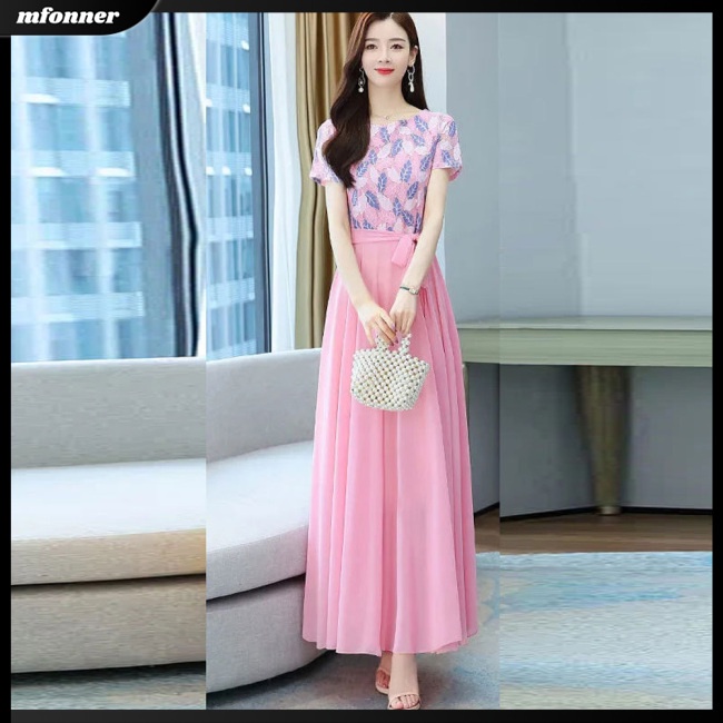 Đầm Midi Tay Ngắn Cổ Tròn Màu Sắc Tương Phản Thời Trang Mùa Hè Dành Cho Nữ