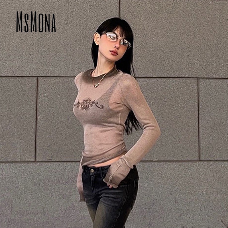 Áo Thun Tay Dài Cổ Tròn Dáng Ôm Phối Màu Tương Phản Thời Trang 2023 Quyến Rũ Cho Nữ