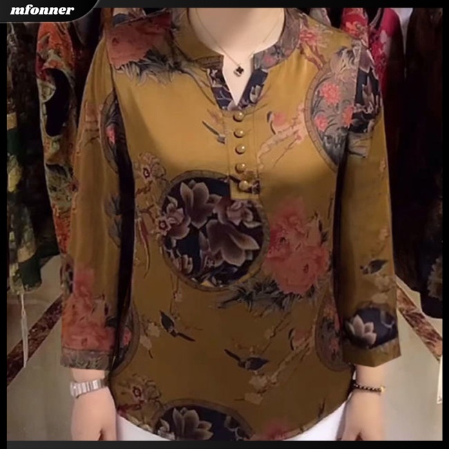 Áo Sơ Mi Tay Lỡ 3 / 4 Cổ Chữ V Họa Tiết Hoa Phong Cách Retro Cho Nữ