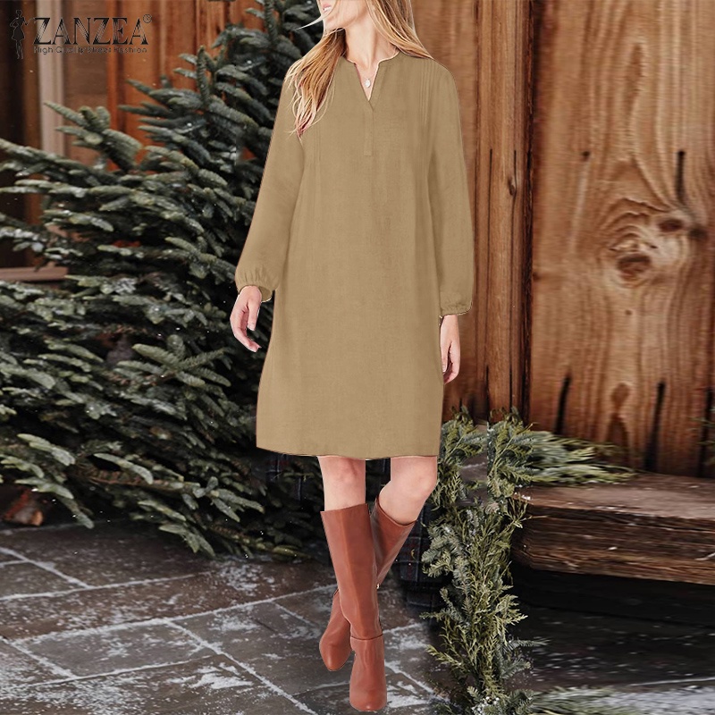 Zanzea Đầm Midi Nữ Tay Dài Cổ Chữ V Thời Trang Quyến Rũ