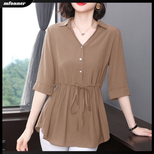 Áo Sơ Mi Cotton Tay Lửng Cổ Chữ V Màu Sắc Đơn Giản Dành Cho Nữ
