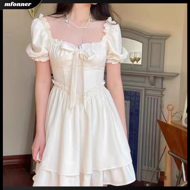 Đầm Dáng Chữ A Cổ Vuông Tay Phồng Màu Sắc Đơn Giản Cho Nữ