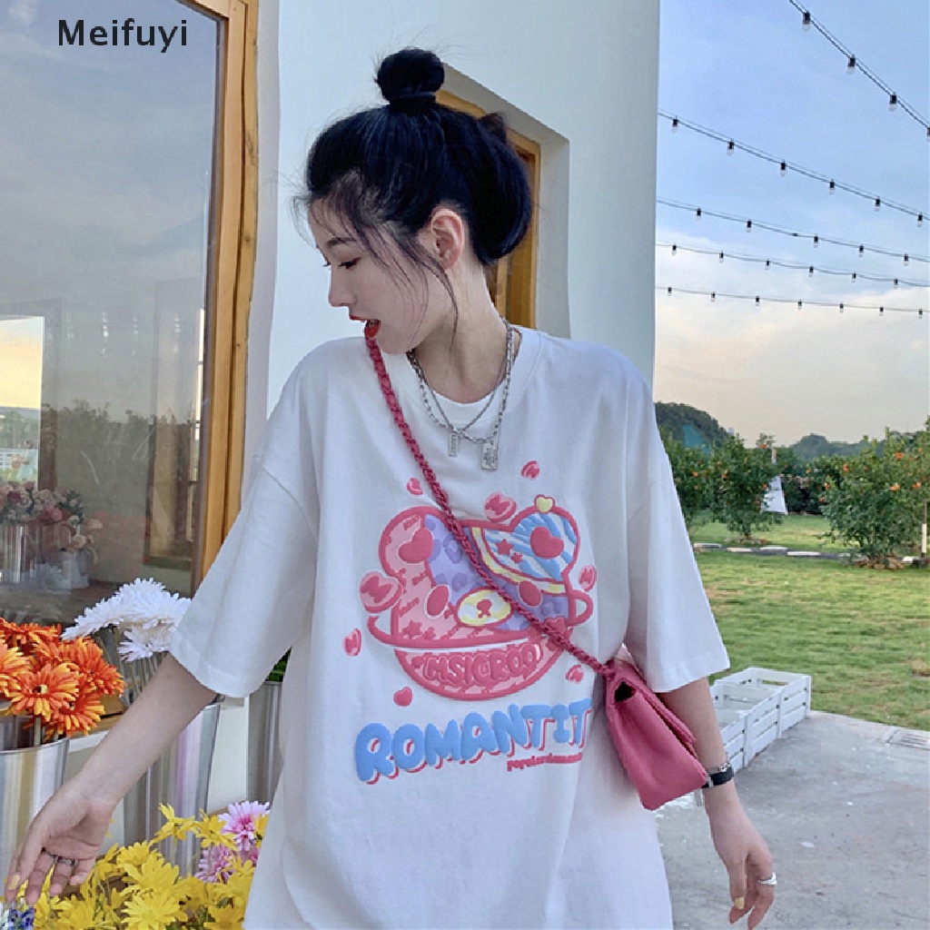 Áo Thun Ngắn Tay Cổ Tròn Dáng Rộng In Hình Gấu Hoạt Hình Thời Trang Mùa Hè Giản Dị Dành Cho Nữ