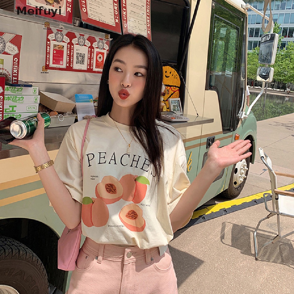 Áo Thun Tay Ngắn Cổ Tròn Dáng Rộng In Hình Quả Đào Thời Trang Mùa Hè Cho Nữ
