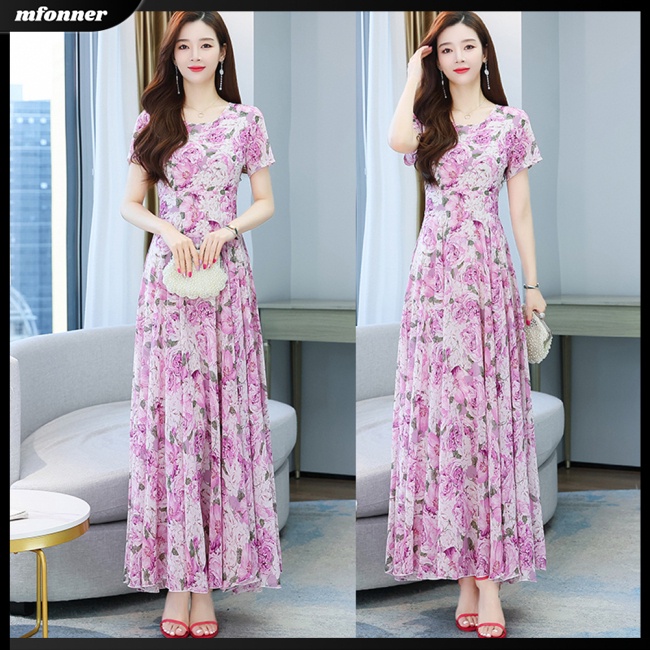 Đầm Dài Tay Ngắn Cổ Tròn In Họa Tiết Hoa Thời Trang Dành Cho Nữ