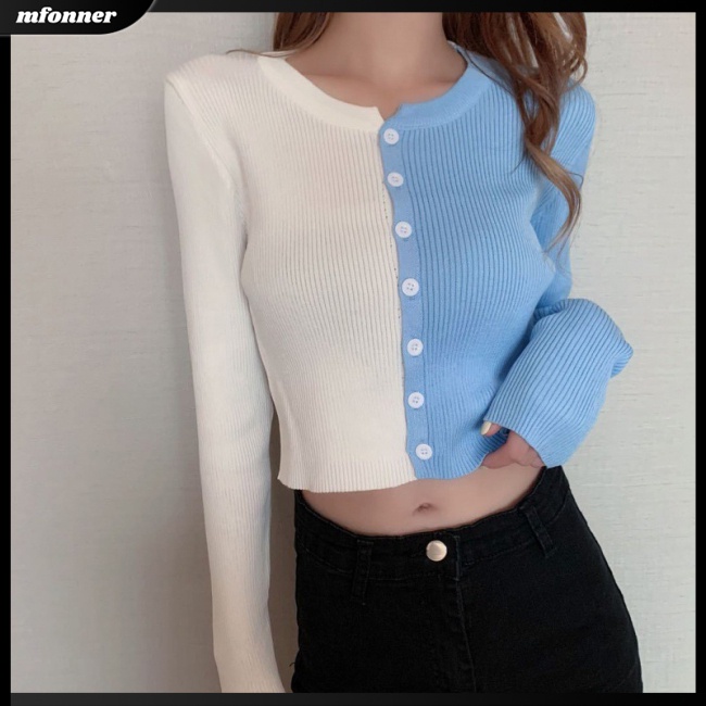 Áo Khoác Cardigan Dệt Kim Tay Dài Cổ Tròn Dáng Ôm Cài Khuy Màu Sắc Tương Phản Cho Nữ