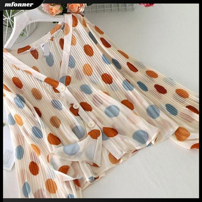 Áo Sơ Mi Chiffon Tay Phồng Cổ Chữ V Form Rộng Họa Tiết Chấm Bi