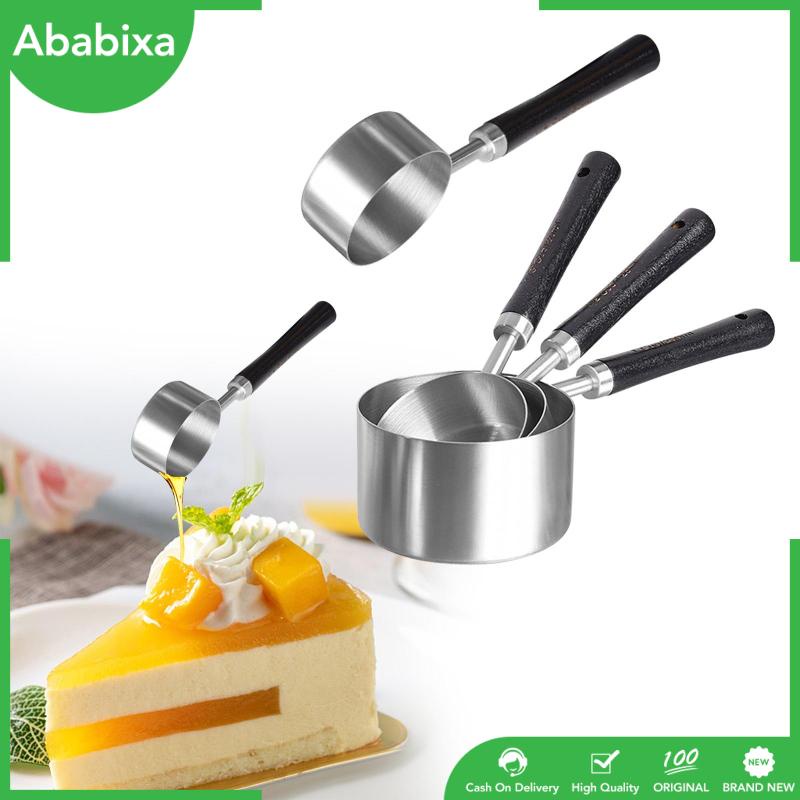 Bộ 4 Cốc Đo Lường Bằng Thép Không Gỉ Với Tay Cầm Bằng Gỗ Tiện Dụng Cho Nhà Bếp