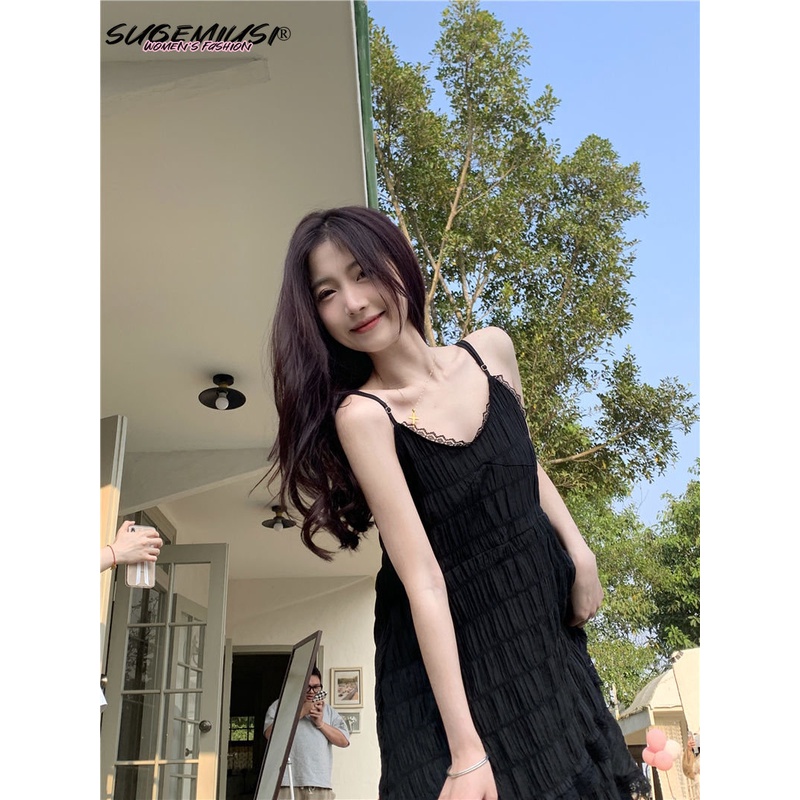 Sugemiusi Đầm Tầng Hai Dây Phối Ren Dáng Ôm Dài Vừa Vặn Cho Nữ