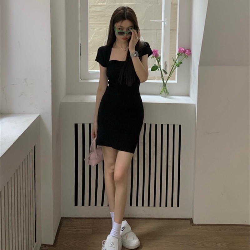 Đầm Dệt Kim Tay Ngắn Cổ Vuông Dáng Ôm Thời Trang Xinh Xắn Cho Nữ