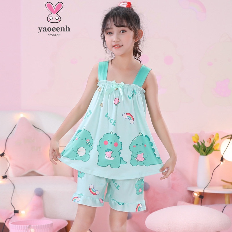 【YAOEENH】Set Đồ Ngủ 2 Món Gồm Áo Sát Nách Phối Quần Short Cỡ Lớn 95-155cm In Hoạt Hình Dễ Thương Cho Bé Gái