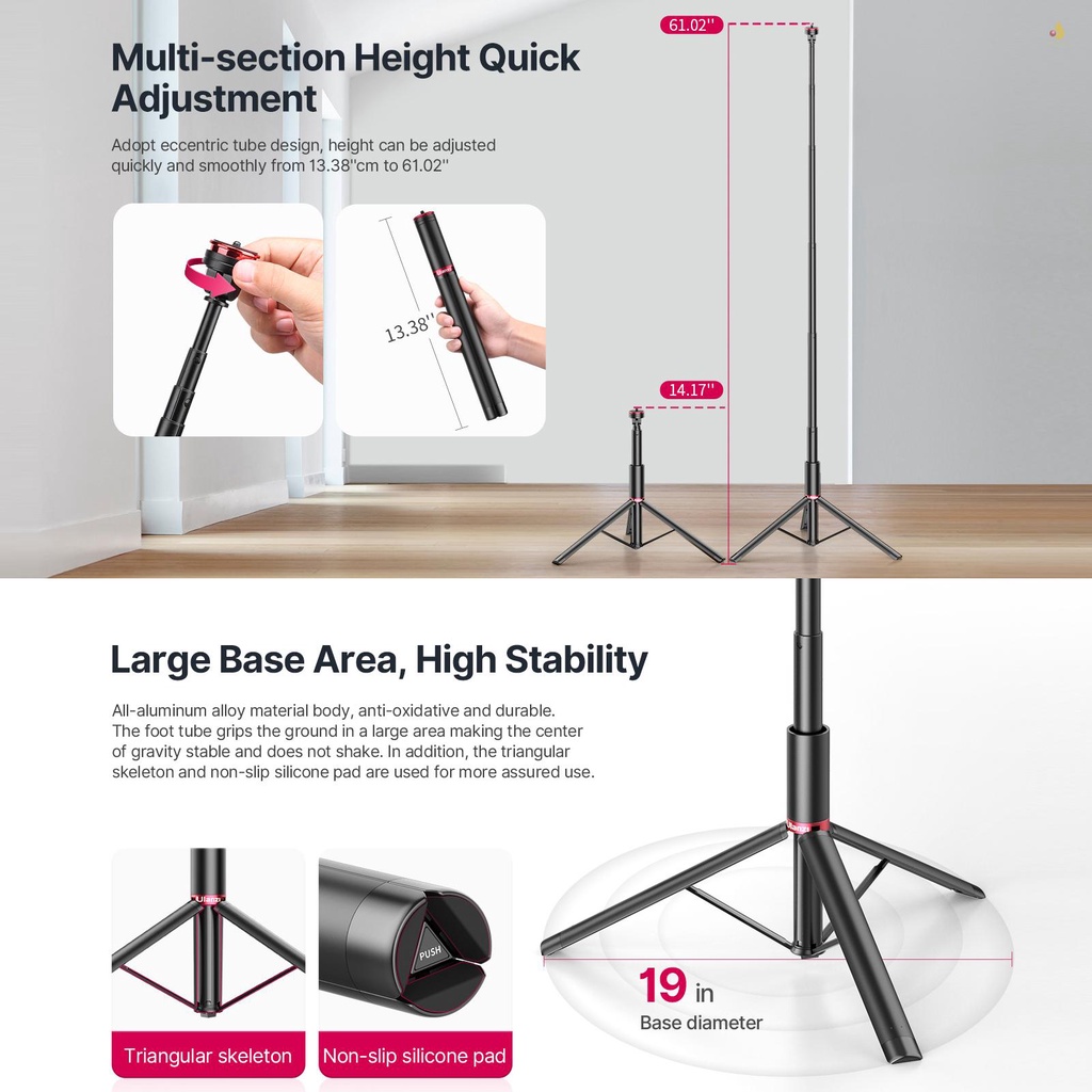 Gậy Chụp Ảnh Tự Sướng Ulanzi MT-54 155cm / 61.02in 1kg-1.5kg Có Giá Đỡ Điện Thoại Tiện Dụng