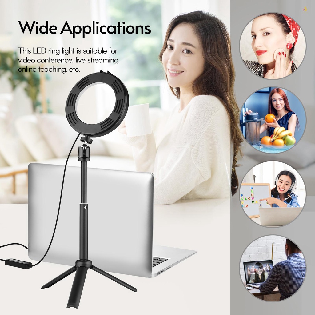Vòng Đèn LED Andoer 6 Inch 2 * 3200K-6500K Có Thể Điều Chỉnh Độ Sáng + 2 * Tripod Để Bàn + 2 * Đầu Bi Kim Loại Dẻo Cho Dạy Trực Tuyến