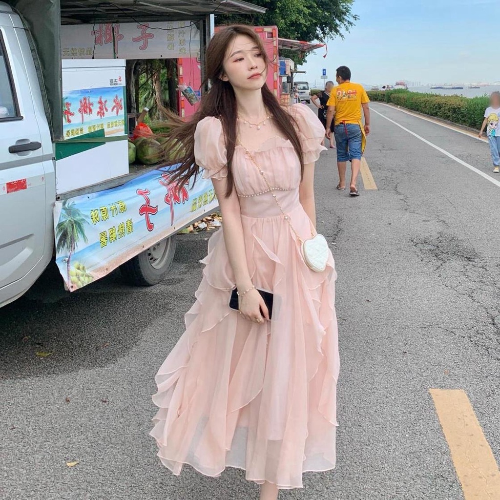 Đầm maxi Vải Chiffon Mỏng Tay Phồng Xếp Ly Phối Cà Vạt Dễ Thương