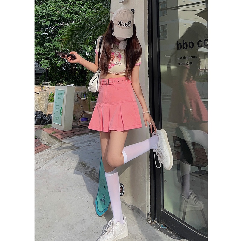 Chân Váy Denim Chữ a Xếp Ly Thời Trang RENJIANVSHENG Mùa Hè Cho Nữ