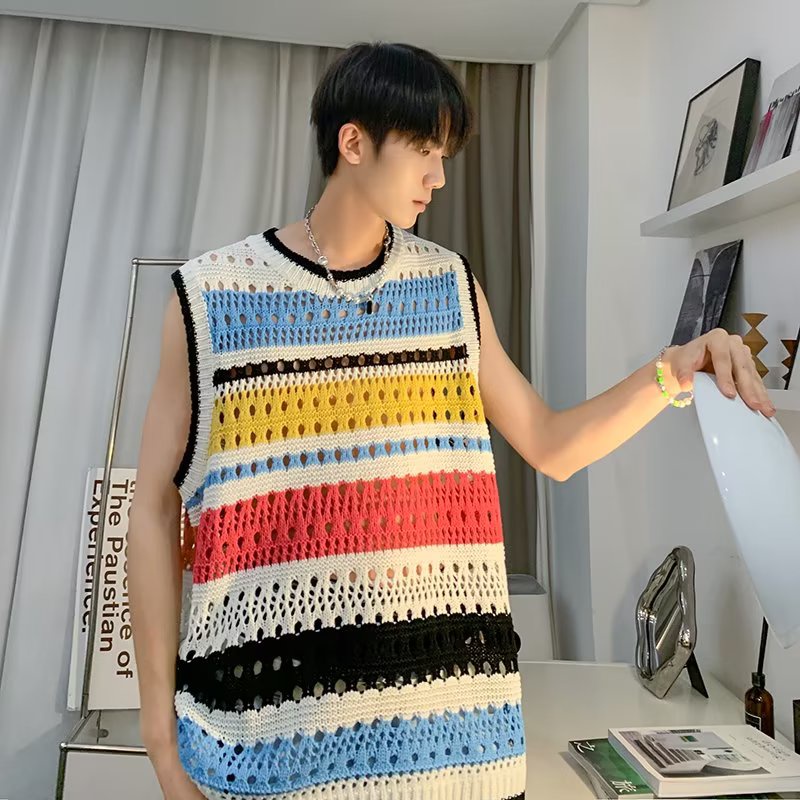 Áo Sweater Dệt Kim Sát Nách Kẻ Sọc Màu Sắc Tương Phản Kiểu Retro Cá Tính Cho Nam