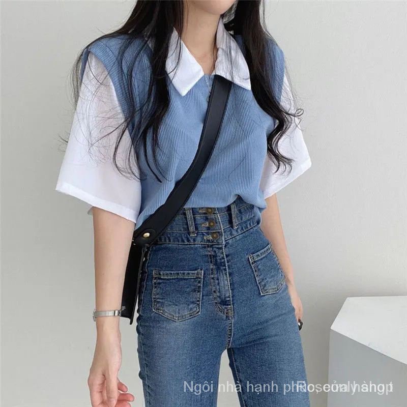 Áo Thun polo Ngắn Tay Giả Hai Lớp Phong Cách preppy Thường Ngày Dành Cho Nữ
