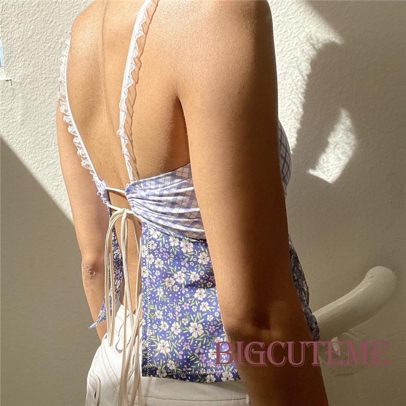 Áo Croptop Hai Dây Phối Ren Họa Tiết Hoa Thời Trang Mùa Hè Cho Nữ