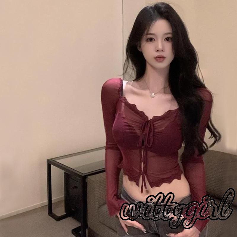 Áo Croptop Tay Dài Vải Sheer Phối Ren Cổ Thấp Thời Trang Xuân Hè Cho Bạn Gái