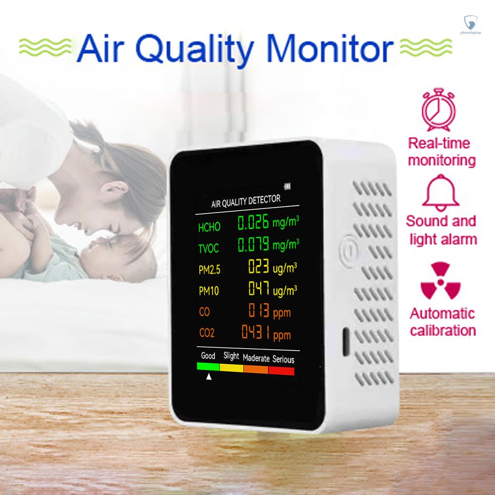 Máy Dò Khí CO2 6 Trong 1 PM2.5 PM10 HCHO TVOC CO2 Màn Hình LCD Đa Năng Để Bàn Văn Phòng / Khách Sạn