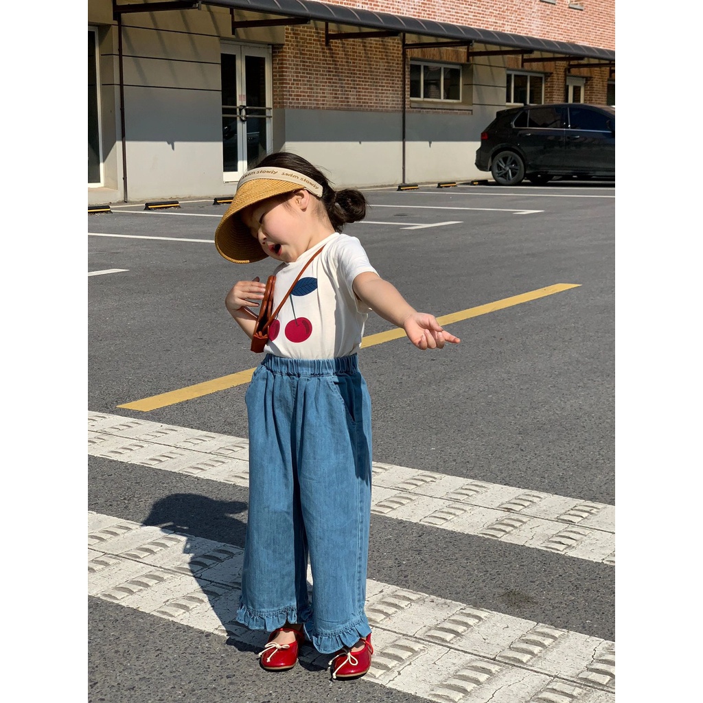 Bộ Áo Thun Tay Ngắn In Họa Tiết Cherry + Quần Jeans Thời Trang Mùa Hè Hàn Quốc 2023 Cho Bé Gái