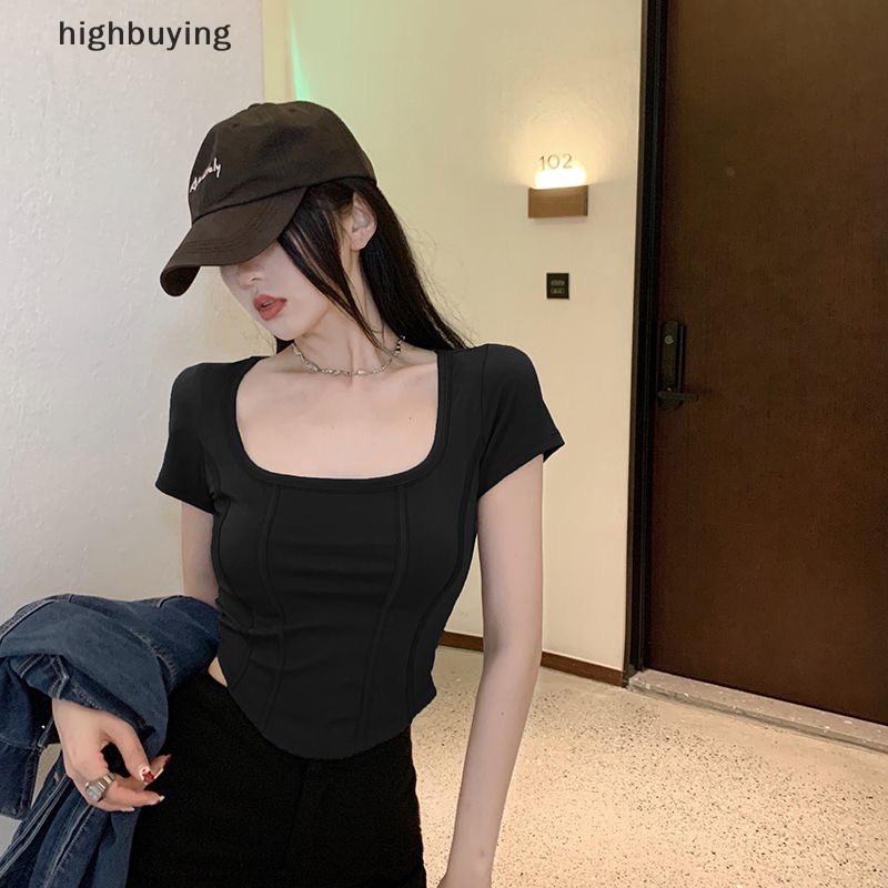 Áo Thun Lửng Cổ Vuông Tay Ngắn Màu Sắc Đơn Giản Cho Nữ