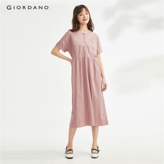 Giordano đầm sơ mi chất liệu Tencel co giãn cổ tròn cổ trụ nửa mở phối túi dệt thoi 05463342