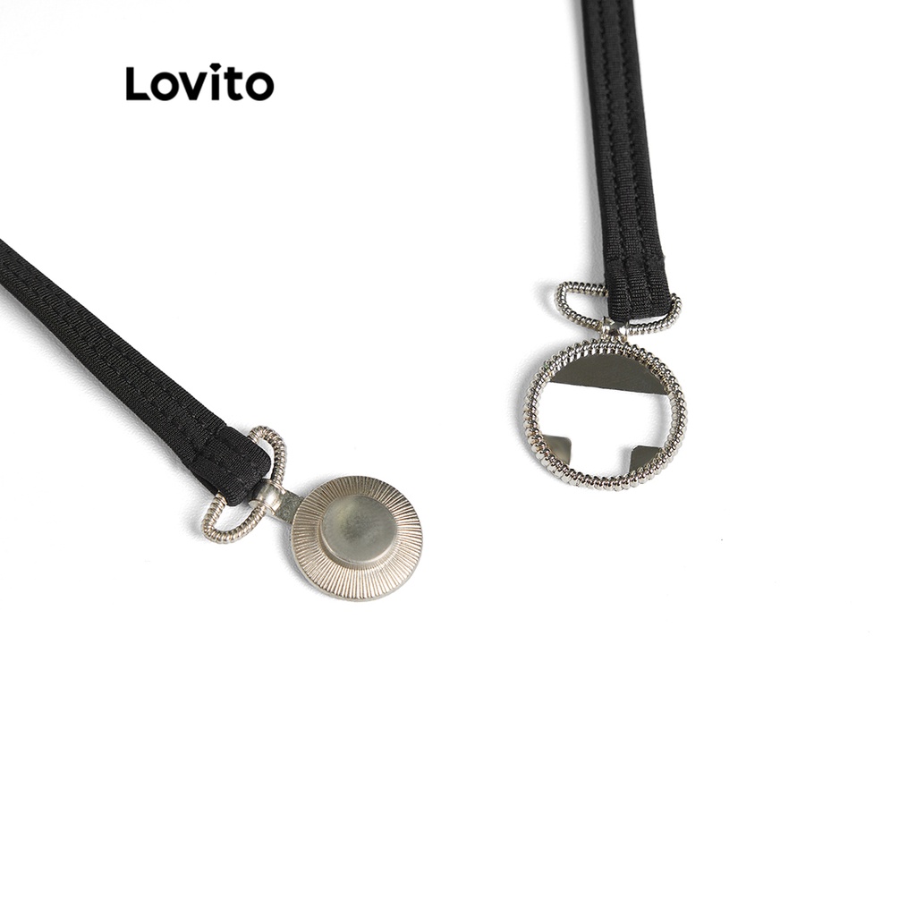 Set bikini Lovito phối phụ kiện kim loại buộc dây họa tiết hình học viền tương phản sexy cho nữ L50AD004 (đen)