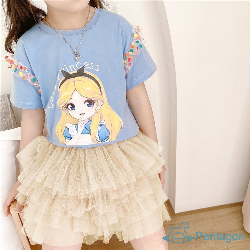 Đầm Thun Tay Ngắn Phối Lưới Chấm Bi Họa Tiết Hoạt Hình Dễ Thương Thời Trang Mùa Hè Cho Bé Gái