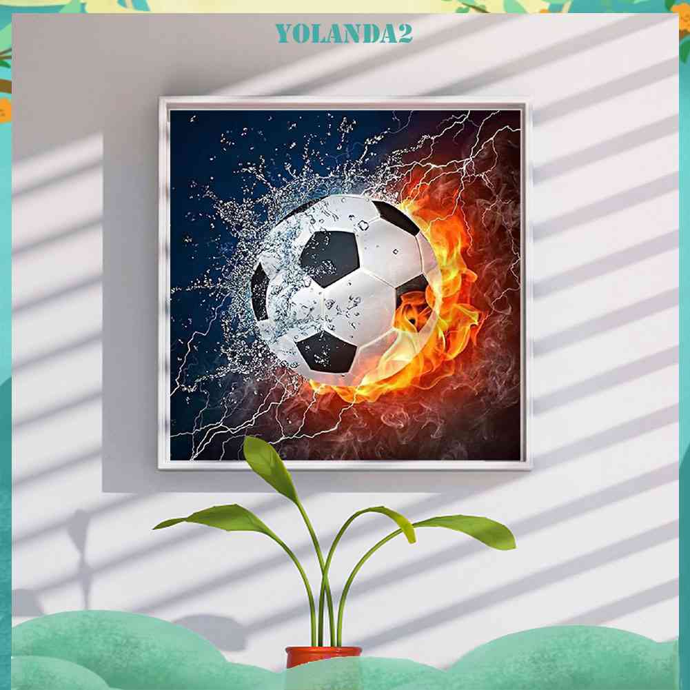 Tranh Đính Đá Kim Cương Toàn Diện Hình Vẽ Quả Bóng Đá Và Lửa Trang Trí Tường Nhà
