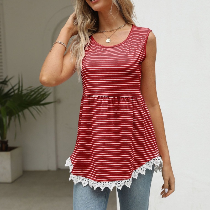 Áo Nữ Không Tay Phối Ren Họa Tiết Kẻ Sọc Thời Trang