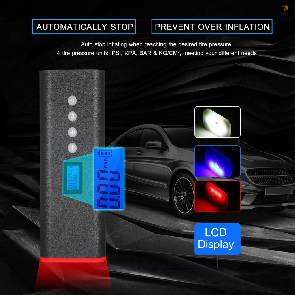 Máy Bơm Lốp Xe Cầm Tay 150PSI 2000mAh Màn Hình LCD Với 4 Vòi Đèn LED