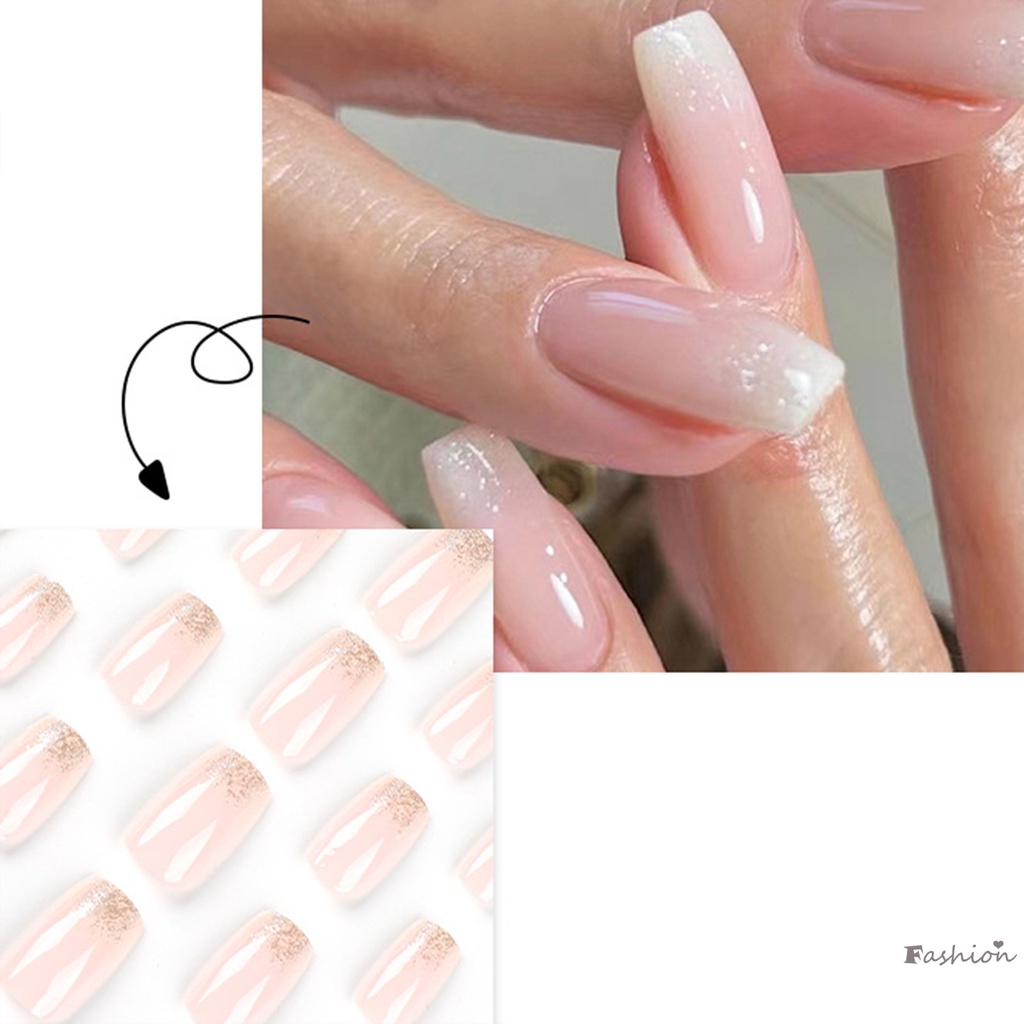 Móng Tay Giả Phủ Toàn Diện Màu Hồng Nude Lấp Lánh