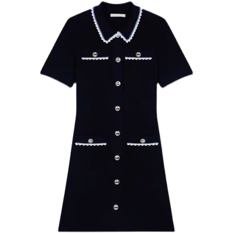 Maje spring and summer polo collar contrast color lace short sleeve slim knit dress women 0144