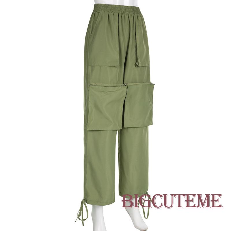 [] - Quần Ống Rộng Dây Rút Nhiều Túi Màu Trơn Giản Dị Dành Cho Nữ Màu Xanh Lá / Nâu