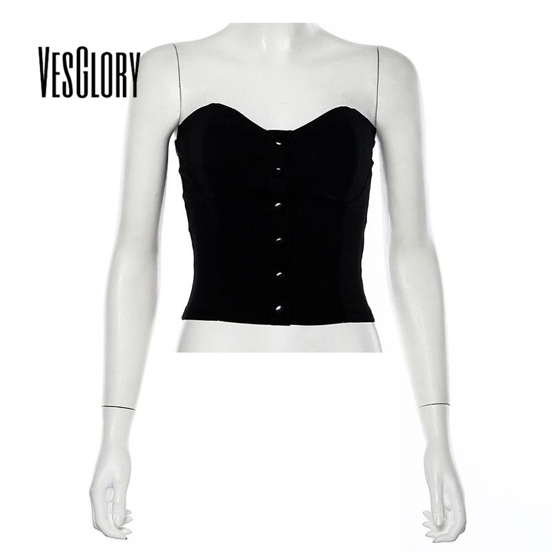 Áo ống VESGLORY màu trơn hở vai xẻ sâu cài nút đơn giản dễ phối đồ cho nữ