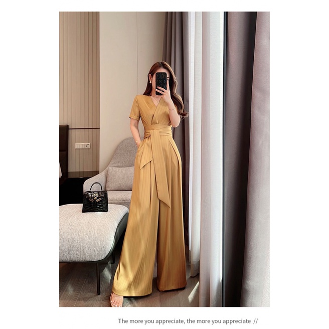 Design striped one-piece jumpsuit lace-up high waist straight casual wide leg jumpsuit for women