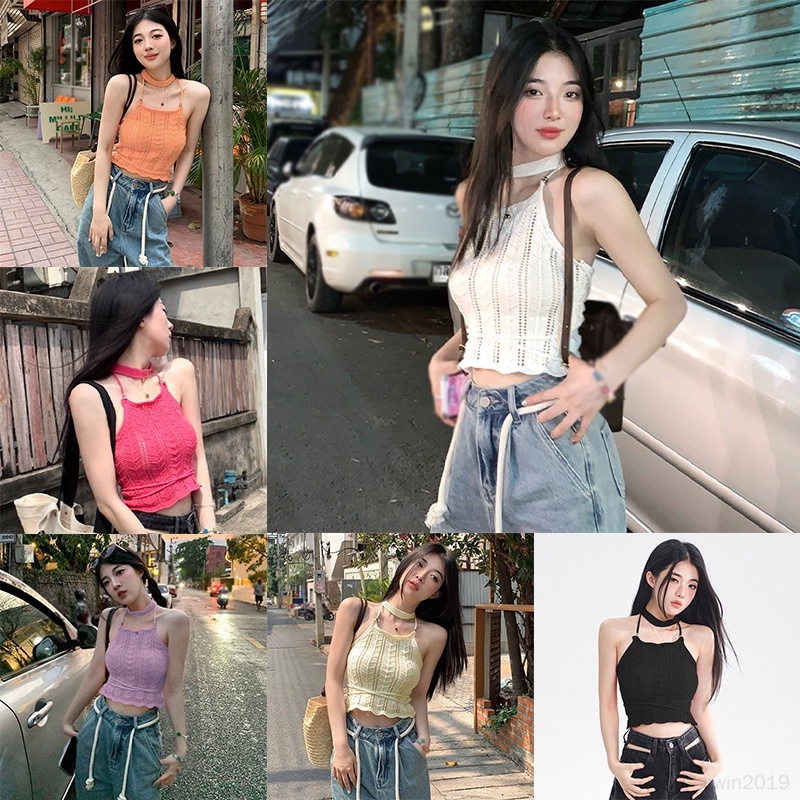 Áo Croptop Dệt Kim Màu Sắc Trơn Thiết Kế Dây Đan Chéo Quyến Rũ