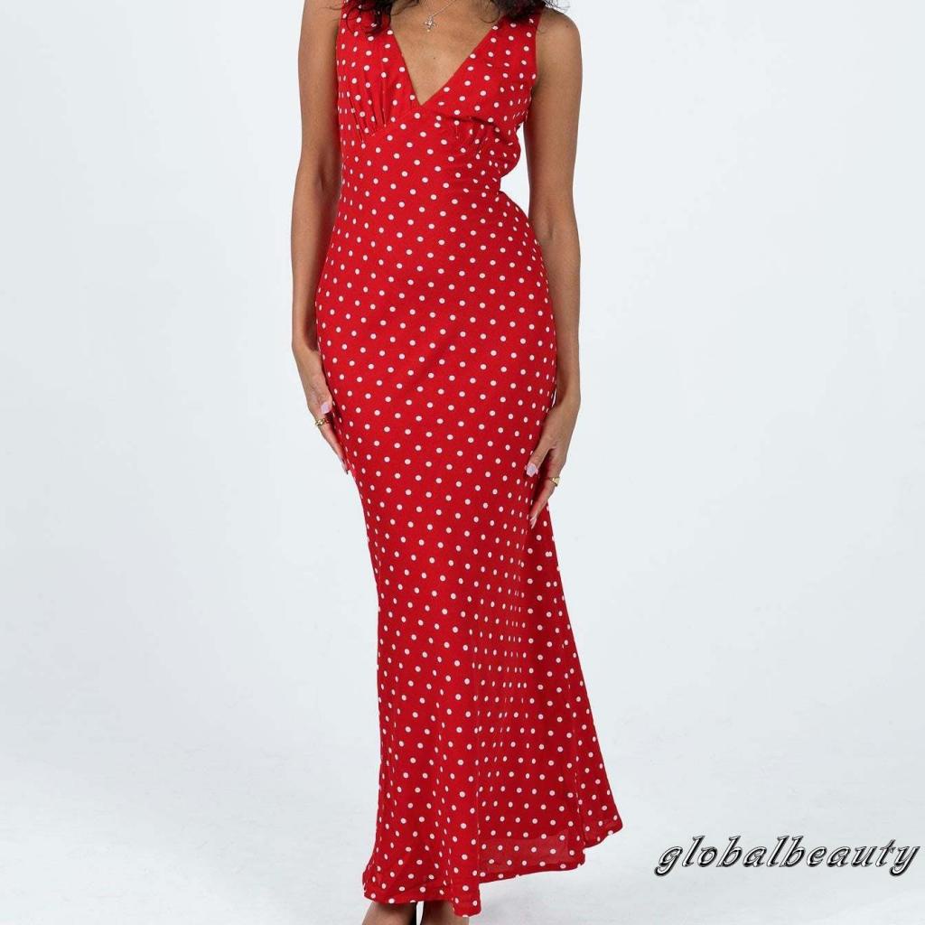 Đầm Dài Không Tay Cổ Chữ V Họa Tiết Chấm Bi Thời Trang Mùa Hè Cho Nữ