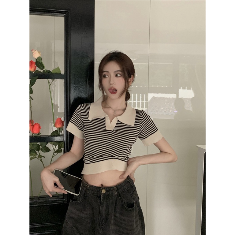 Áo Thun Polo Ngắn Tay Họa Tiết Sọc Ngang Thời Trang Dành Cho Nữ