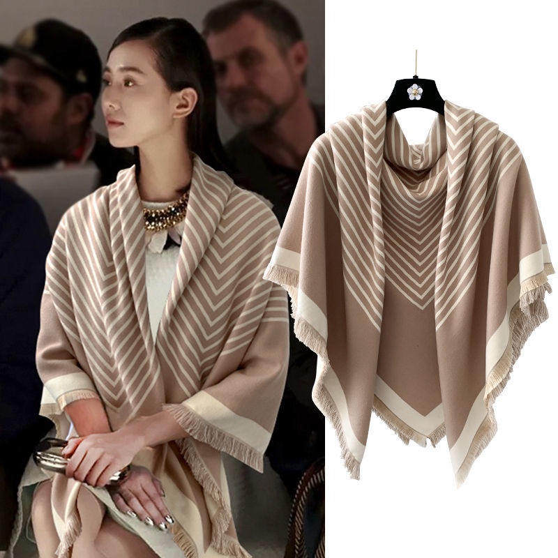 Khăn Quàng Cổ Cashmere Hình Vuông In Họa Tiết Kẻ Sọc 130x130 Dễ Phối Đồ Cho Nữ